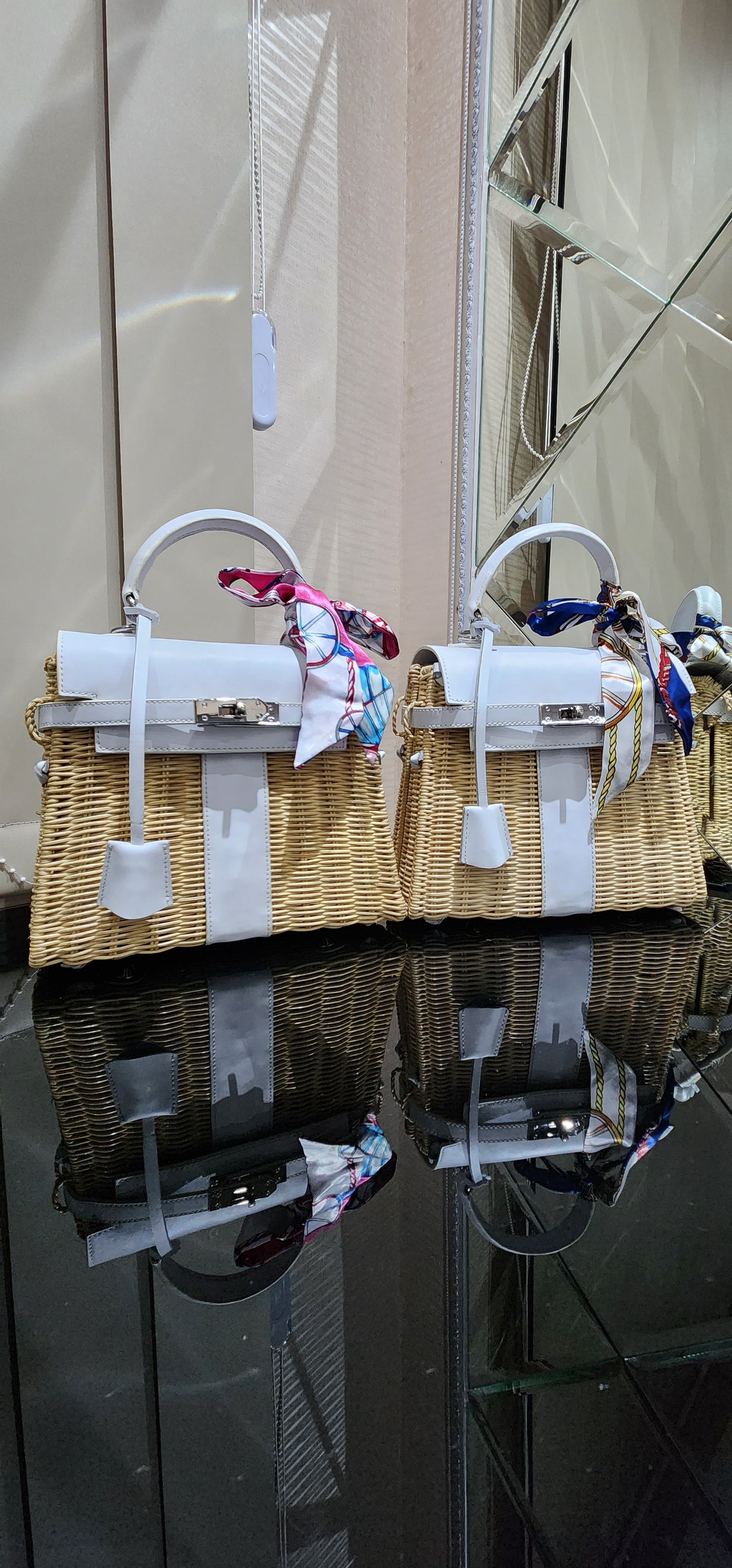 White genuine leather - Handmade wicker bag, Small size (25cm)