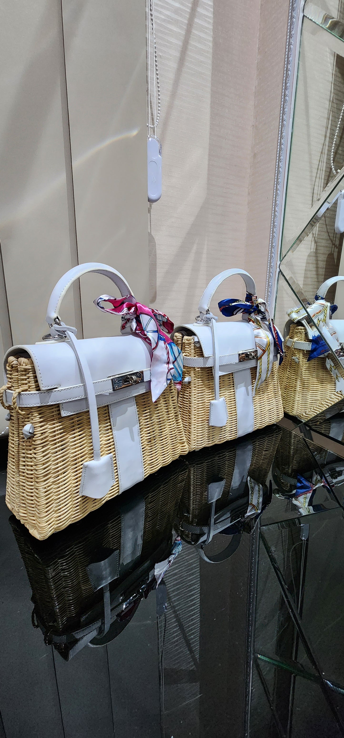 White genuine leather - Handmade wicker bag, Small size (25cm)