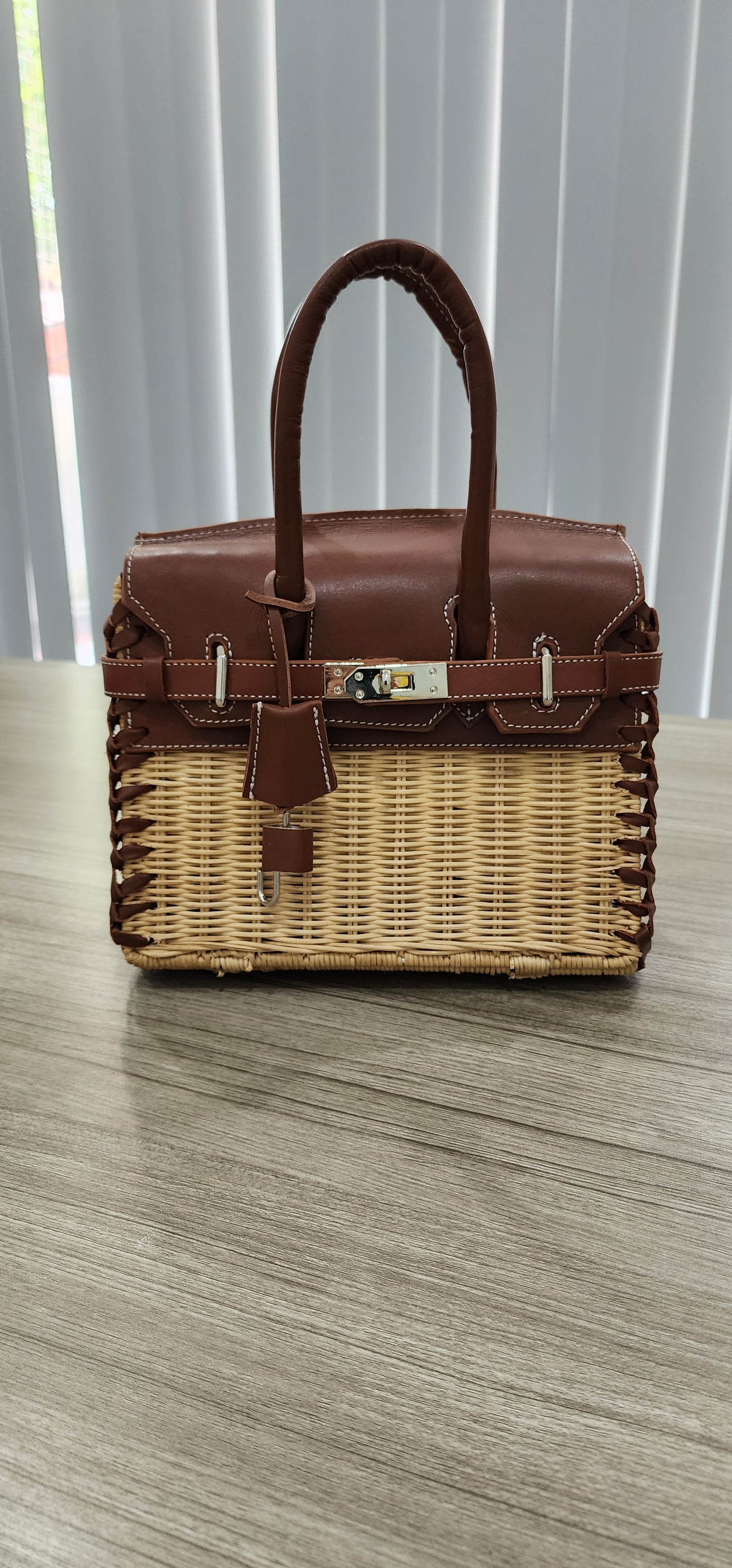 Brown genuine leather - Handmade wicker bag, Small size (25cm)