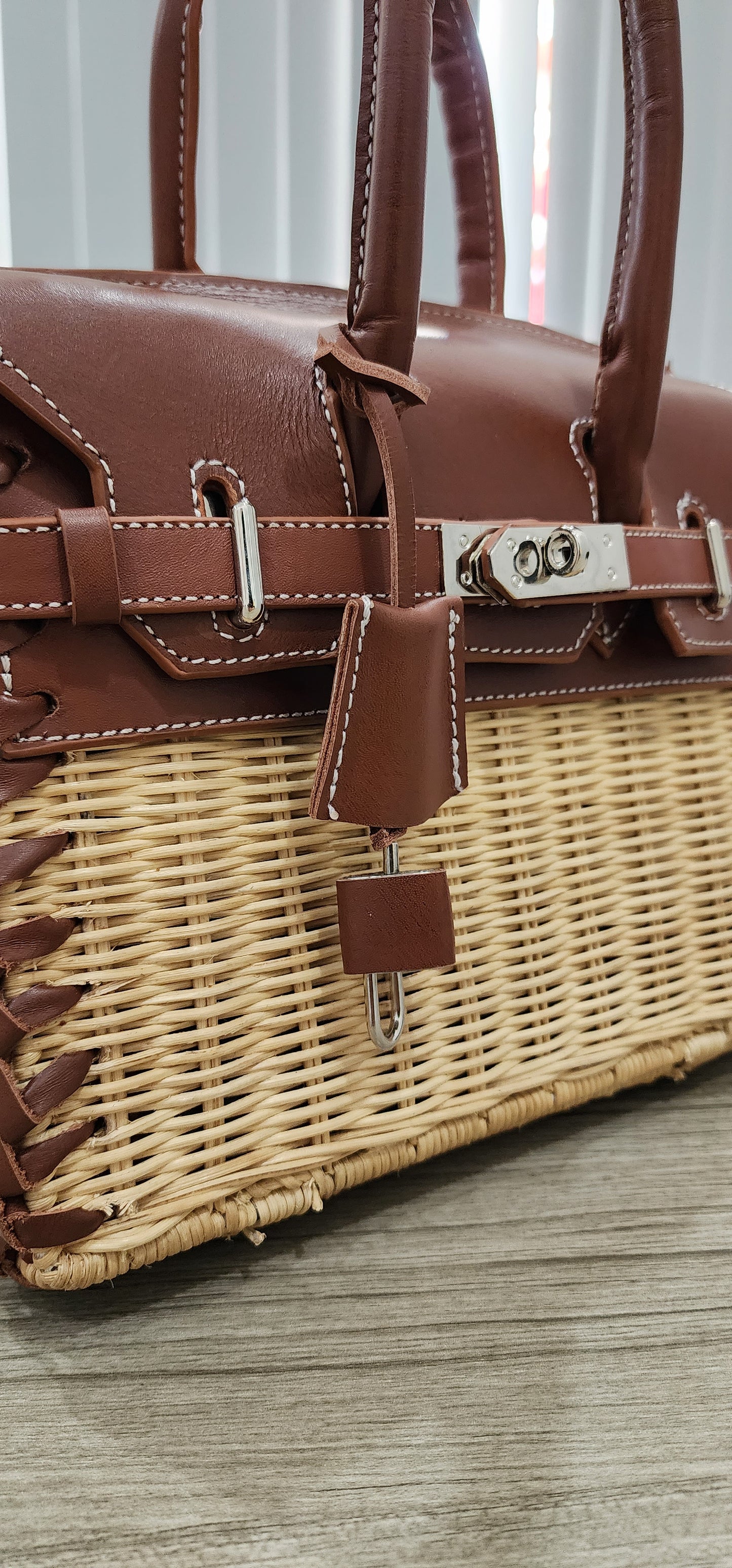 Brown genuine leather - Handmade wicker bag, Small size (25cm)