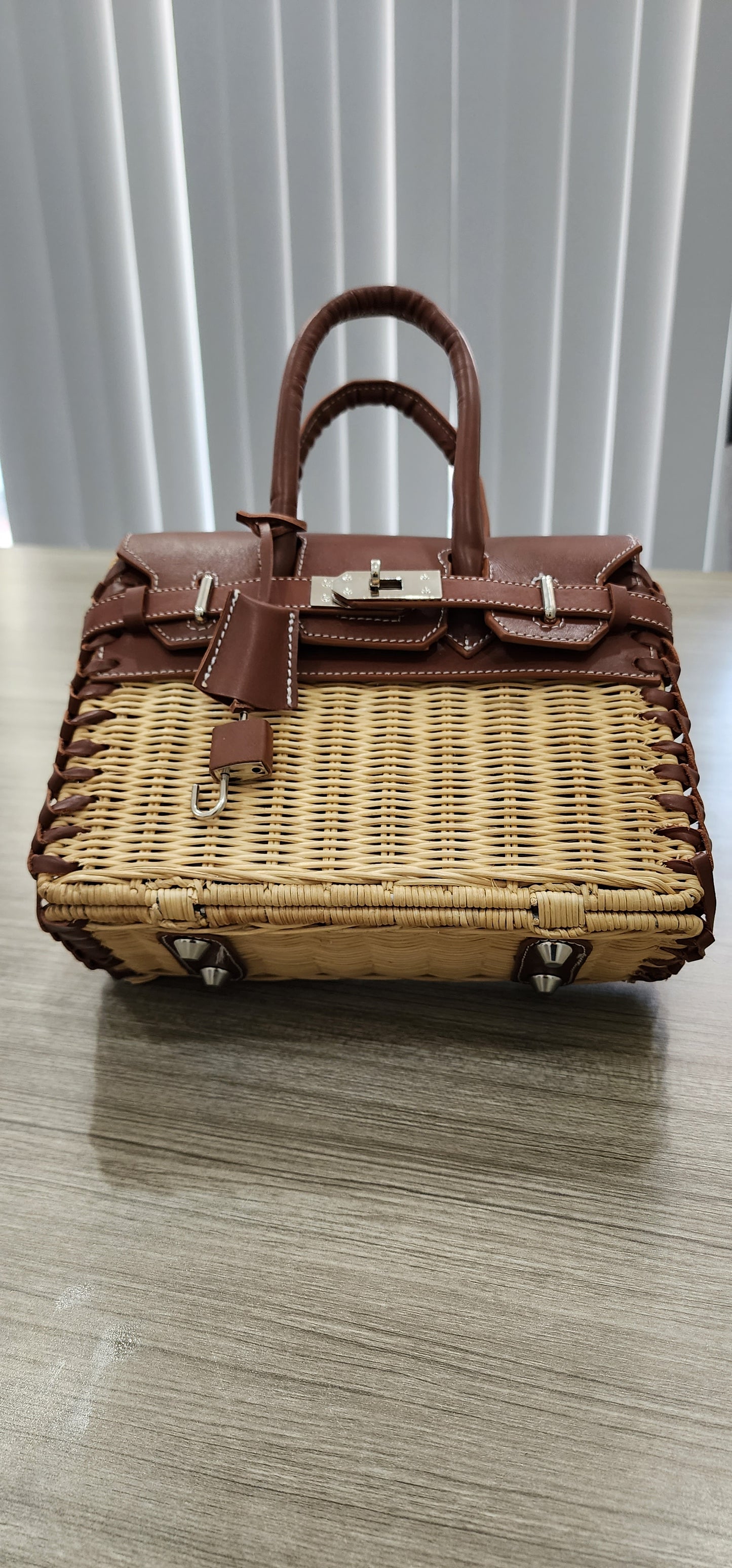 CLEARANCE SALE ! Brown genuine leather - Handmade wicker bag, Small size (25cm)