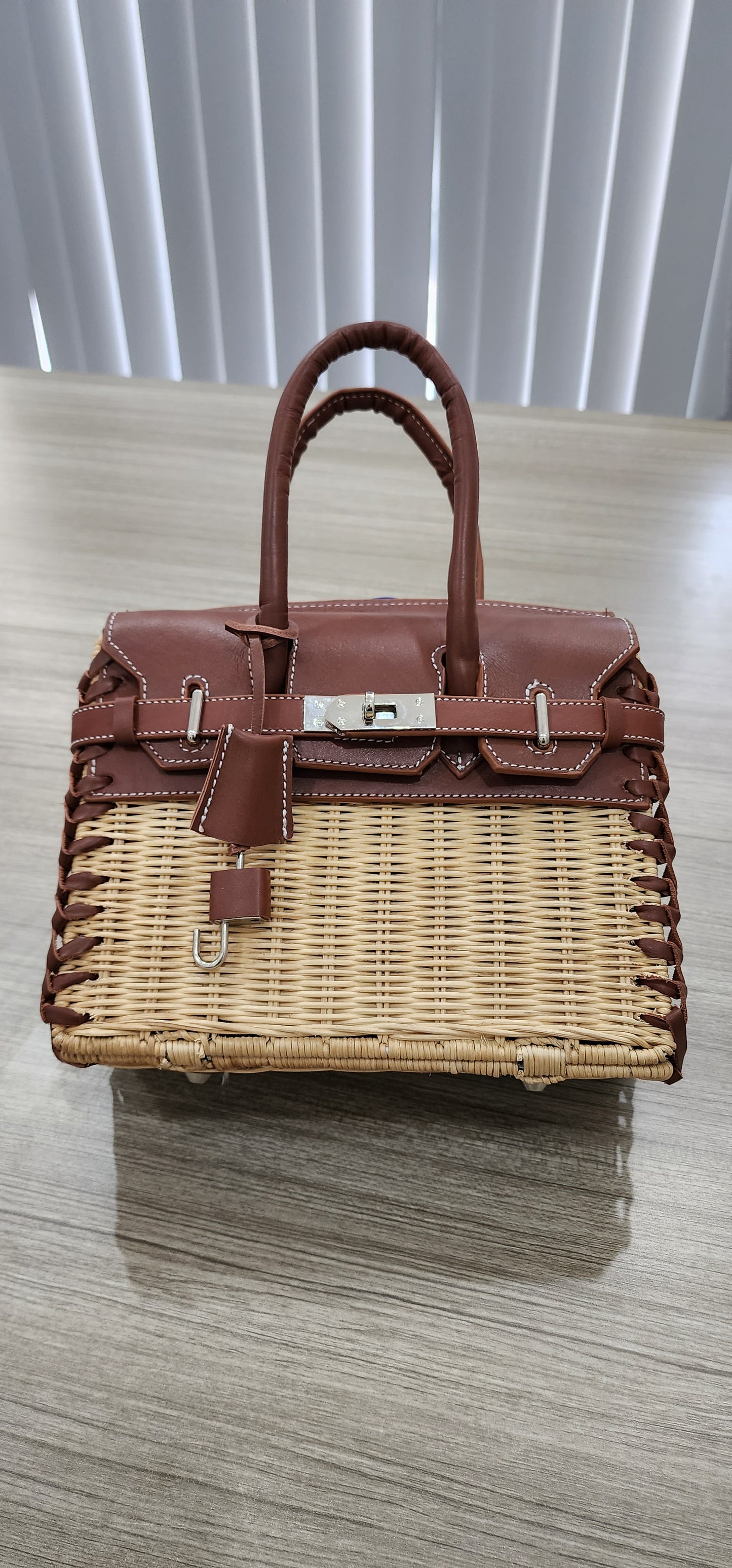 CLEARANCE SALE ! Brown genuine leather - Handmade wicker bag, Small size (25cm)