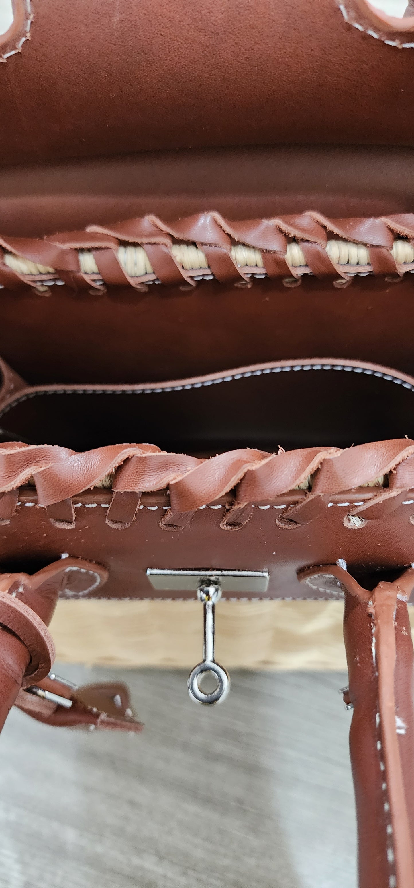 Brown genuine leather - Handmade wicker bag, Small size (25cm)