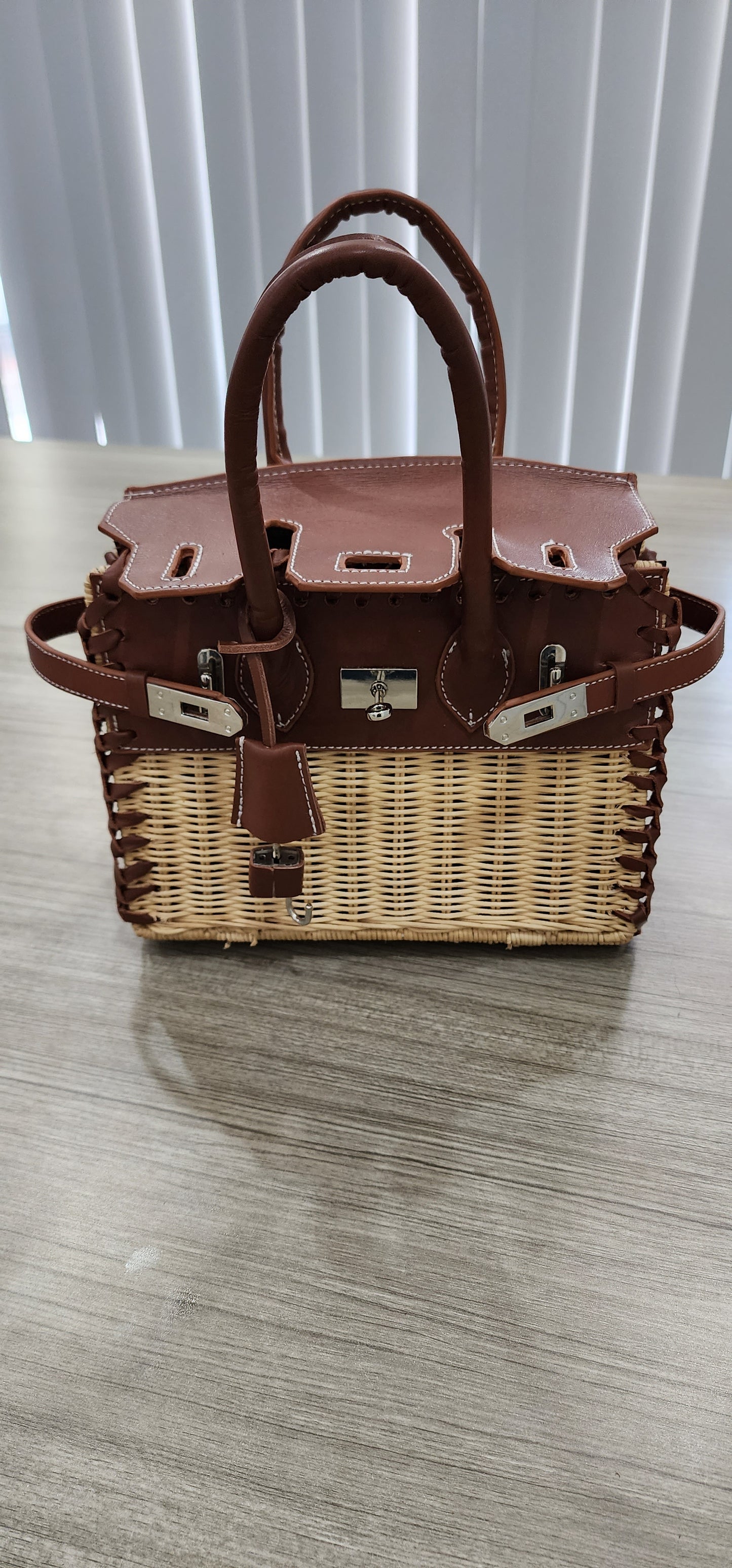 Brown genuine leather - Handmade wicker bag, Small size (25cm)