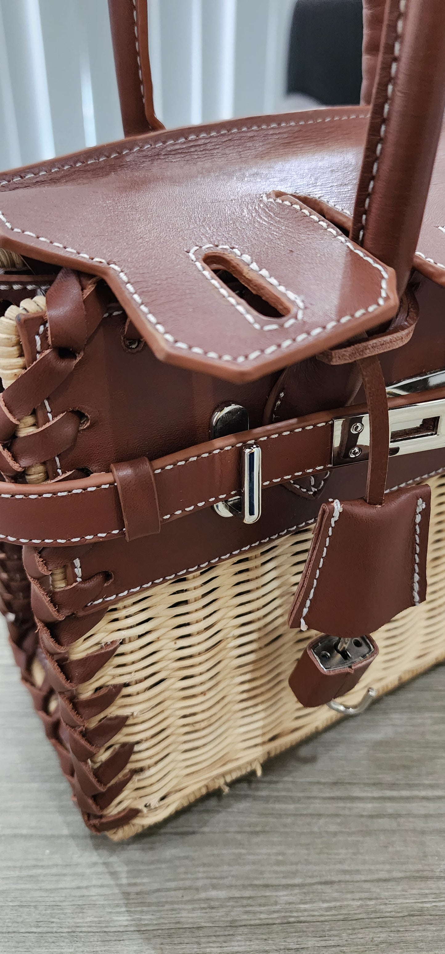 Brown genuine leather - Handmade wicker bag, Small size (25cm)