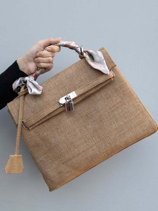 Handmade burlap / jute bag, Medium size (35cm)_style 1 - Silver