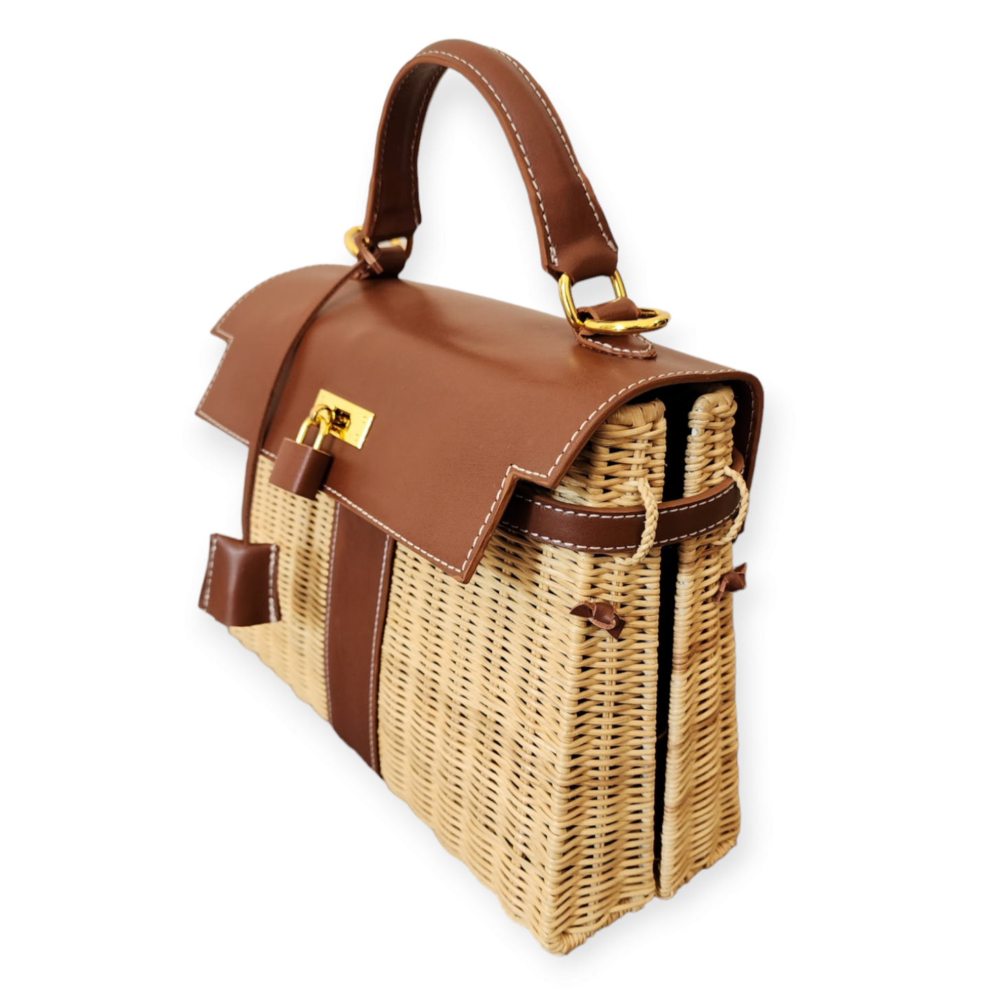 Brown genuine leather (GOLD HARDWARE) - Handmade wicker bag, Medium size (31cm)