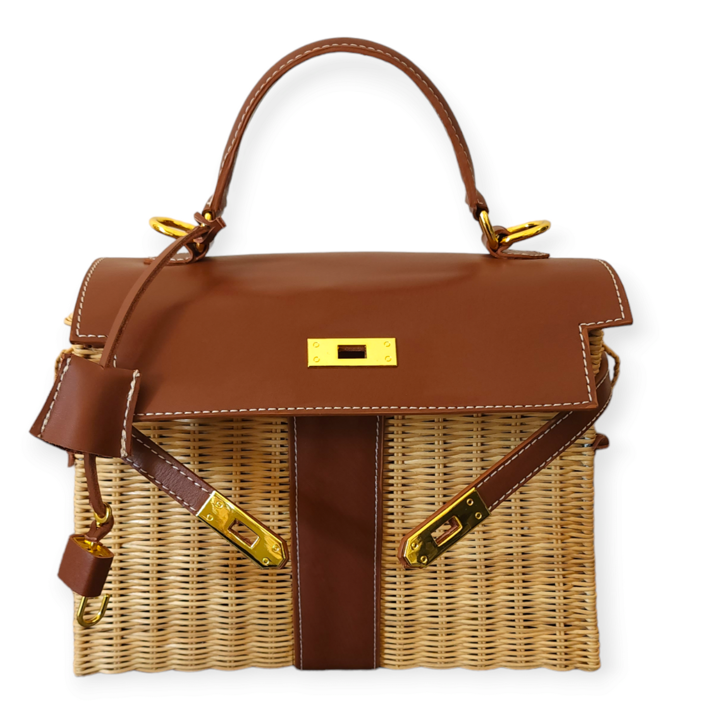 Brown genuine leather (GOLD HARDWARE) - Handmade wicker bag, Medium size (31cm)