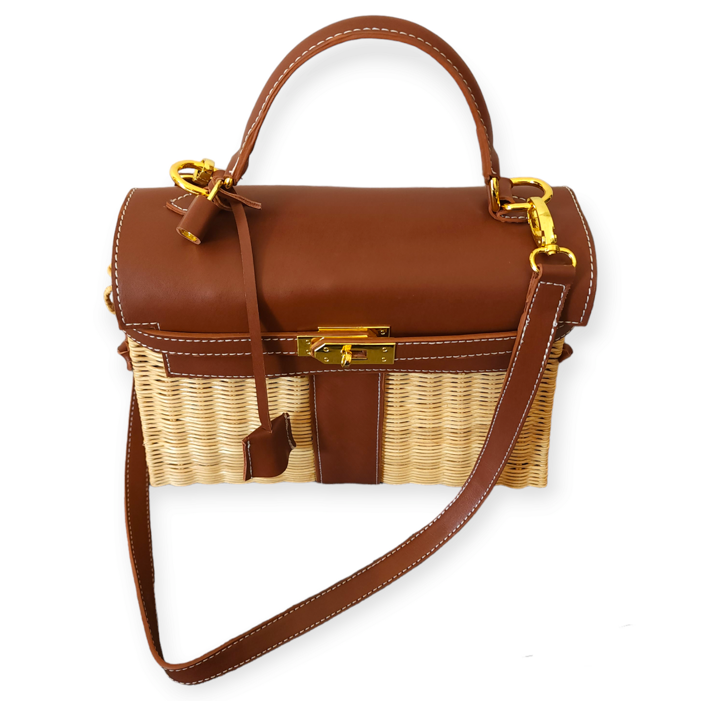 Brown genuine leather (GOLD HARDWARE) - Handmade wicker bag, Medium size (31cm)