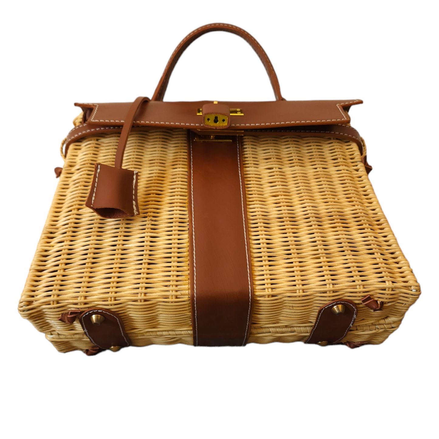 Brown genuine leather (GOLD HARDWARE) - Handmade wicker bag, Medium size (31cm)