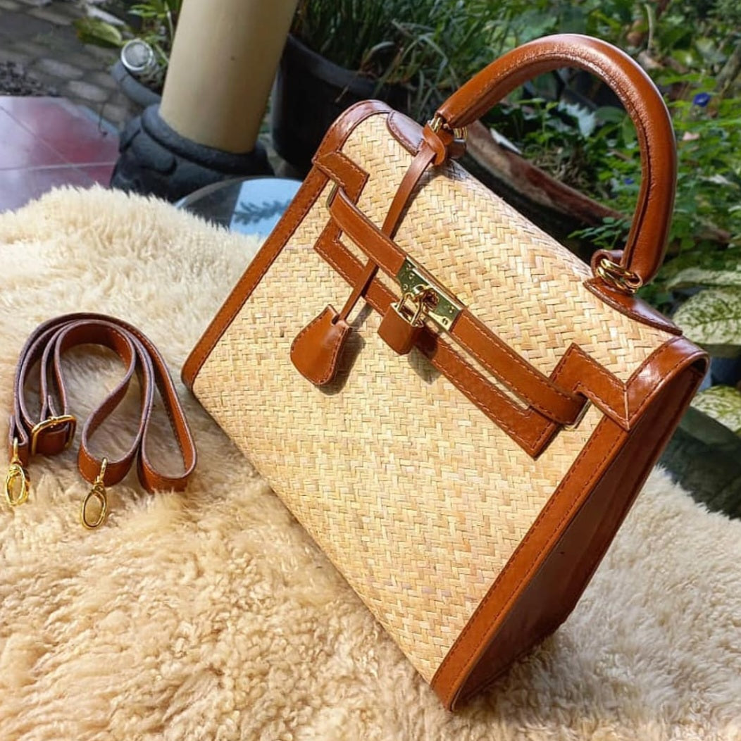 (Made to order) Genuine rattan woven - Handmade wicker bag, Medium size (30cm)
