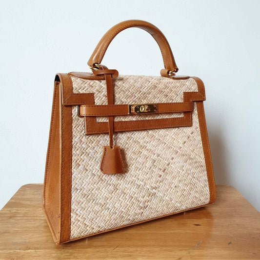 (Made to order) Genuine rattan woven - Handmade wicker bag, Medium size (30cm)