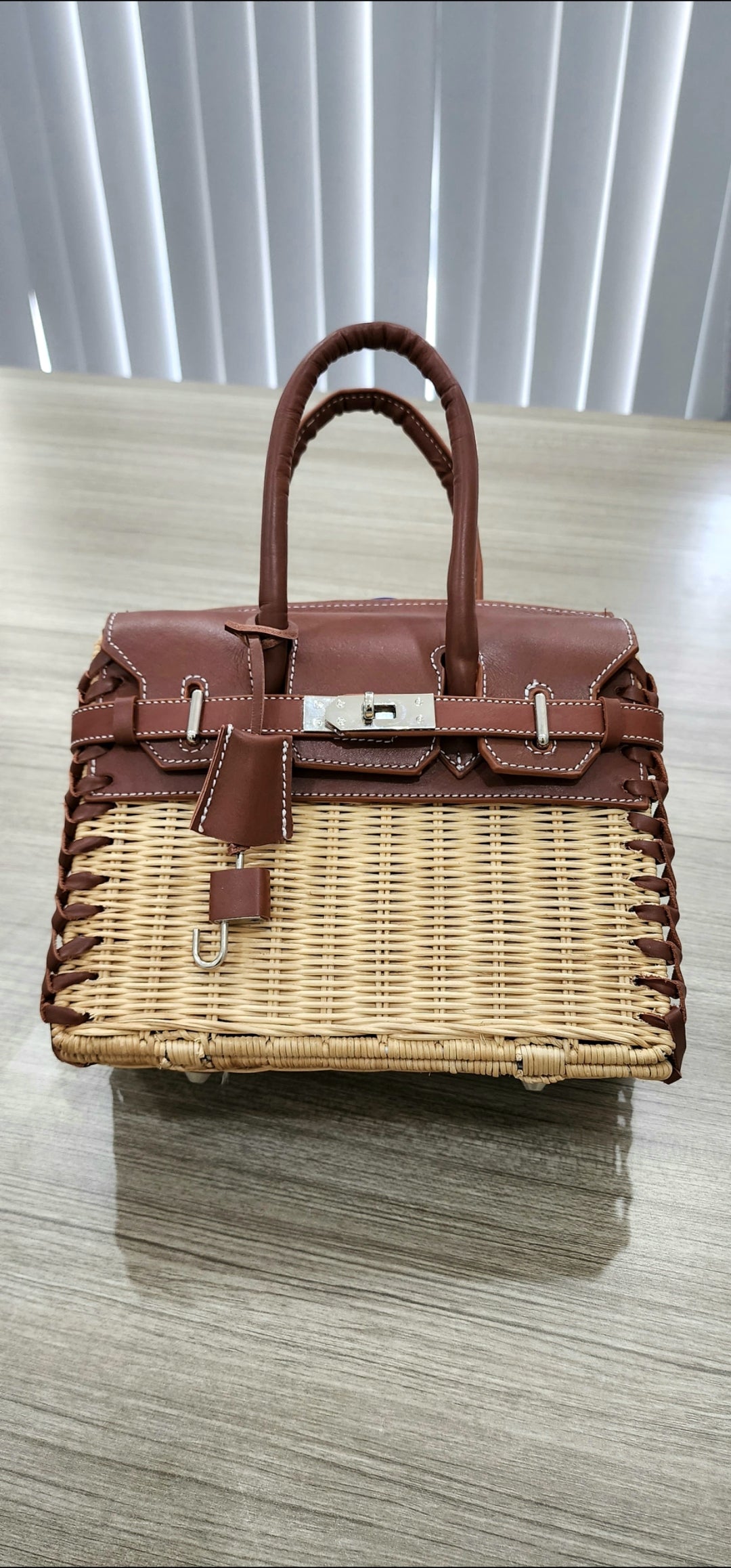 Brown genuine leather - Handmade wicker bag, Small size (25cm)