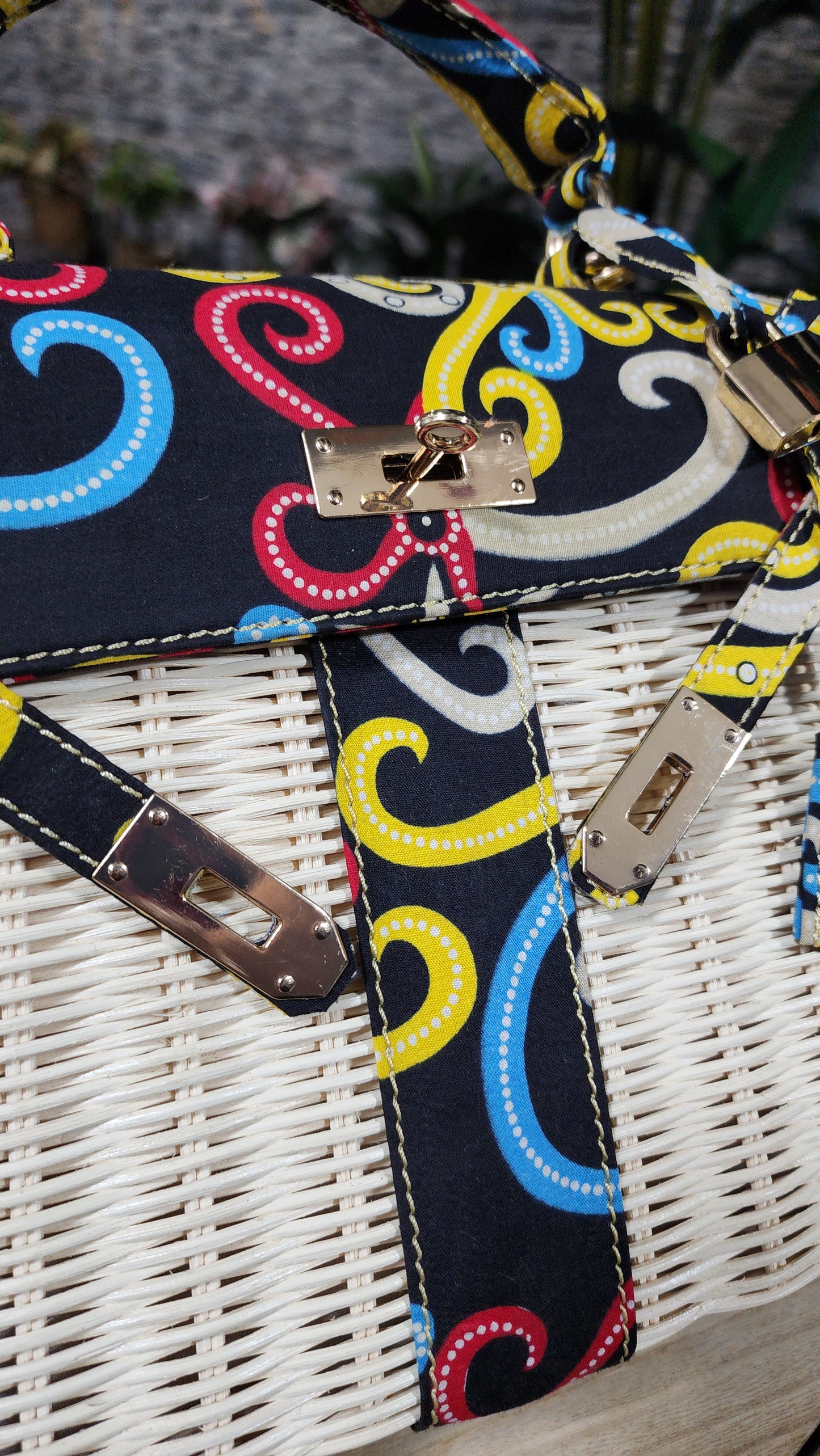 Handcrafted wicker bag, combine with Borneo Ethnic Tribal Cloth, Small size (25cm)