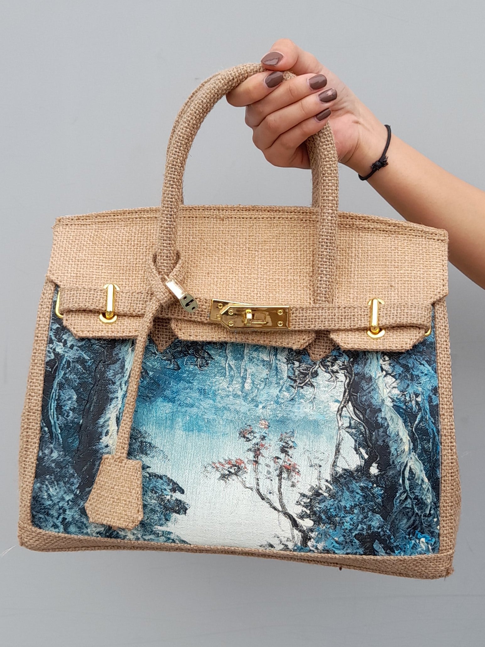 Hand painted designer jute bag – naturalbagdesigner