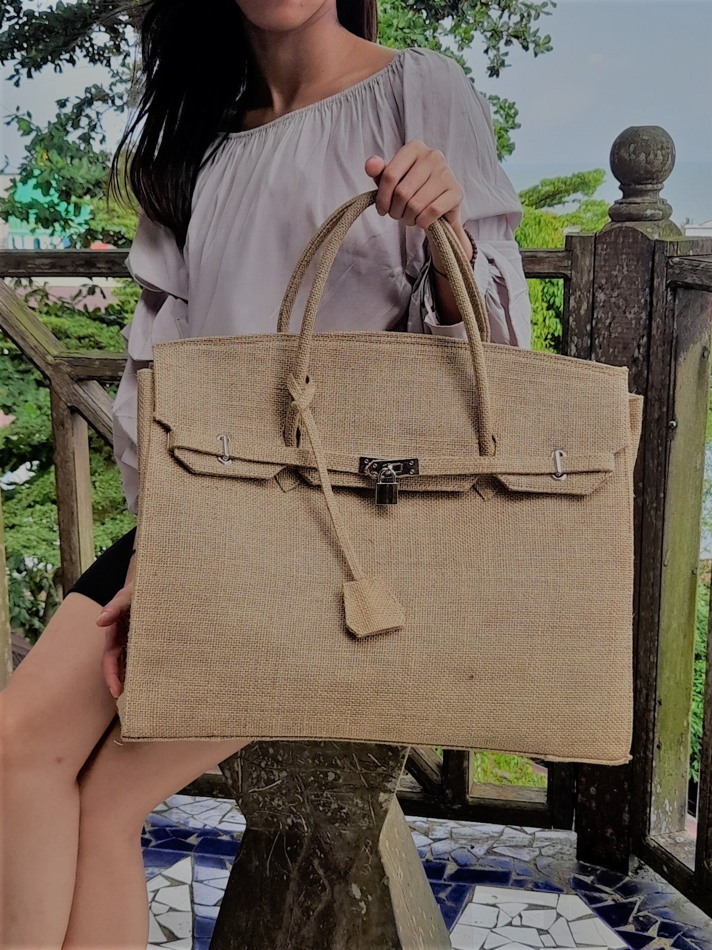 Handmade burlap / jute bag, Large size (45cm)_style 7