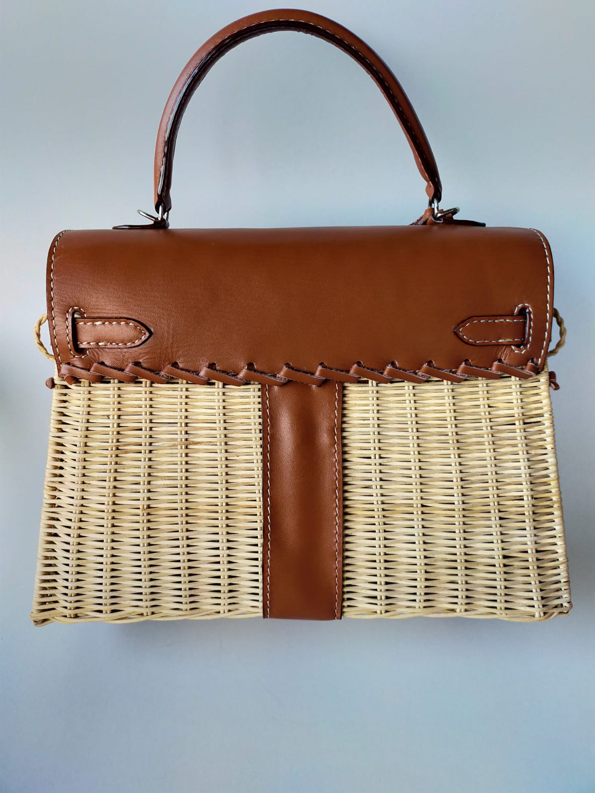 Brown genuine leather - Handmade wicker bag, Medium size (31cm)