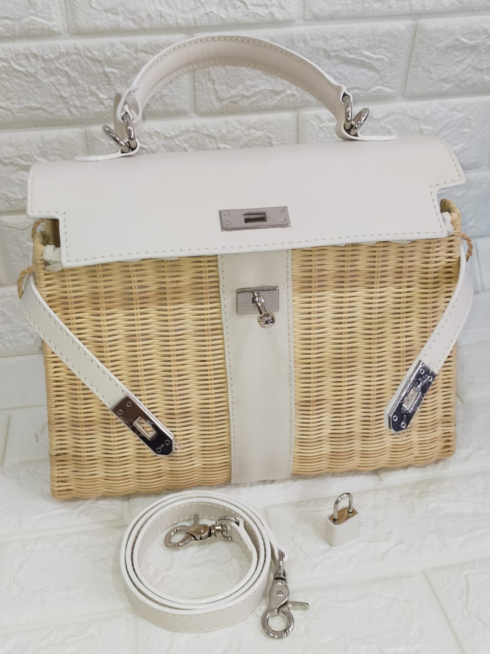 CLEARANCE SALE ! White genuine leather - Handmade wicker bag, Medium size (31cm)