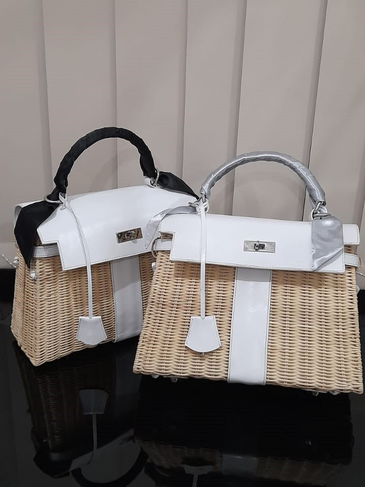 CLEARANCE SALE ! White genuine leather - Handmade wicker bag, Medium size (31cm)