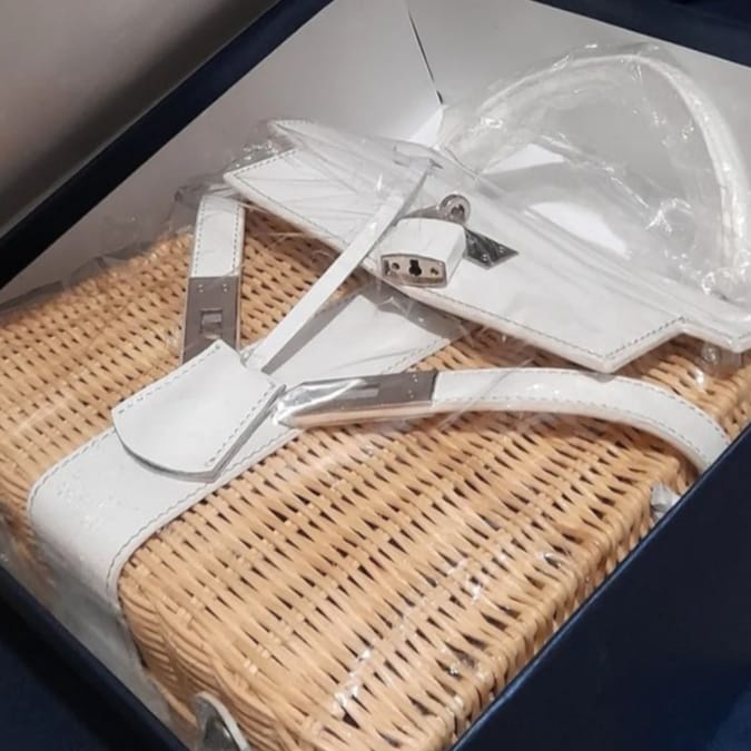 White genuine leather - Handmade wicker bag, Small size (25cm)
