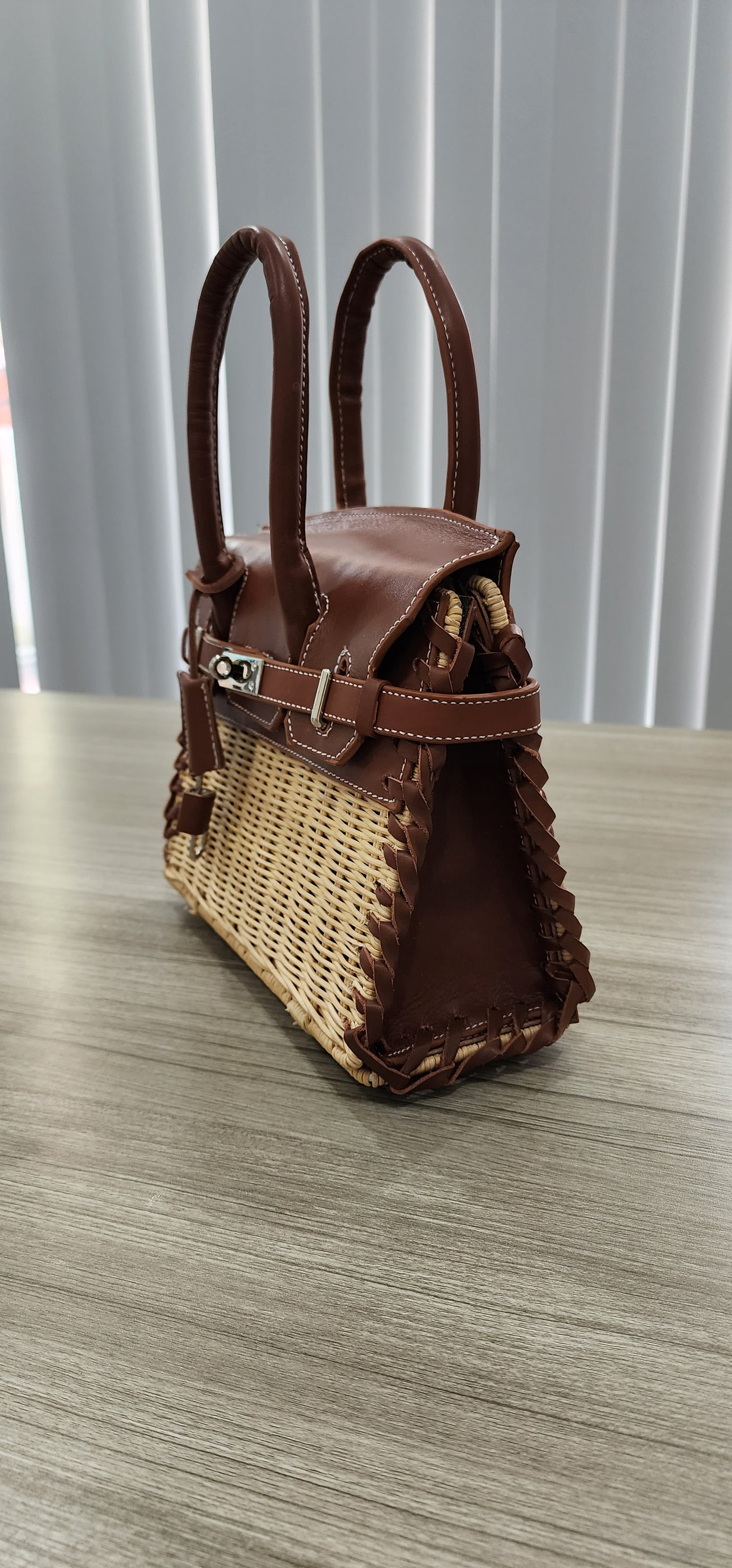 Brown genuine leather - Handmade wicker bag, Small size (25cm)