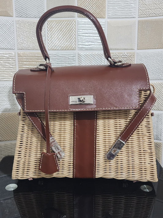 Only left 1. Brown genuine leather - Handmade wicker bag, Medium size (31cm)