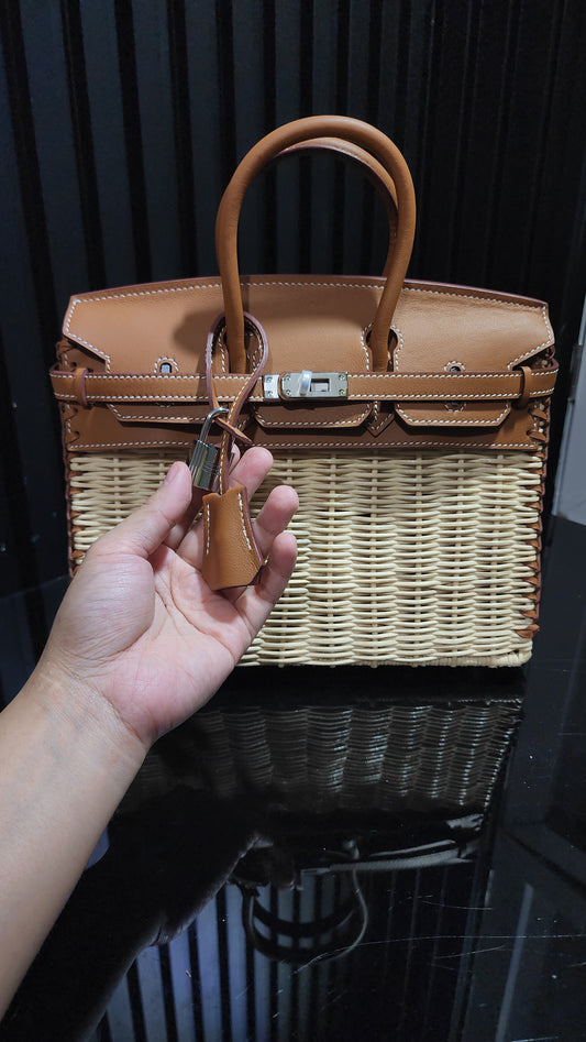 PREMIUM Handwoven Rattan Top Handle Bag with Genuine Leather