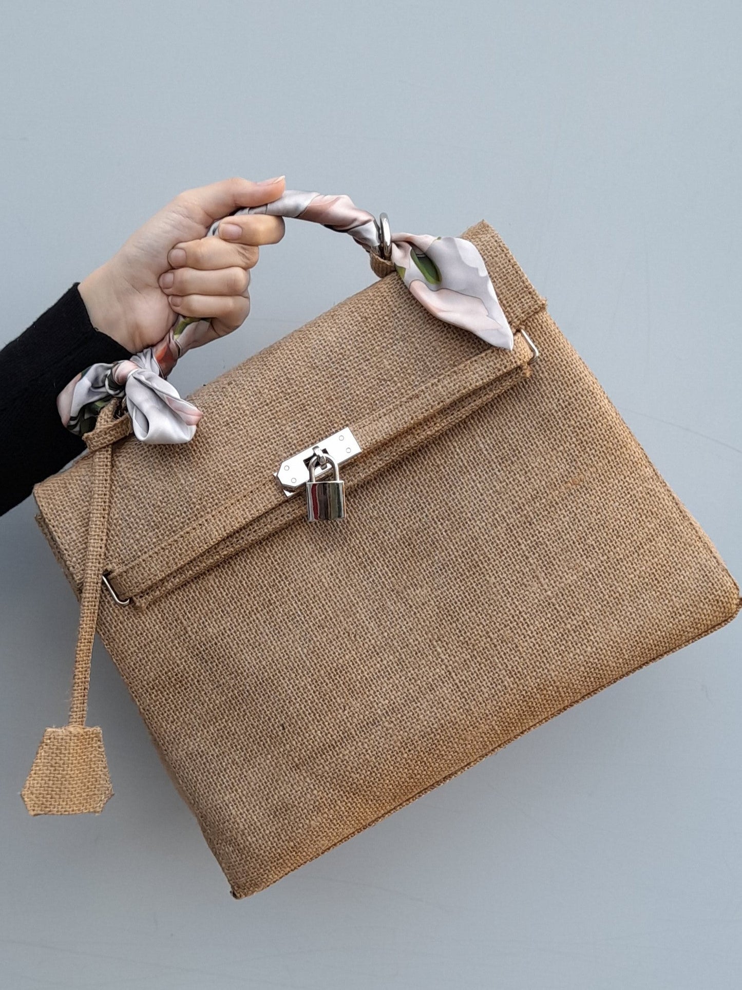 BUY 1 GET 1 ! Handmade burlap / jute bag, Medium size (35cm)_style 1 - Silver