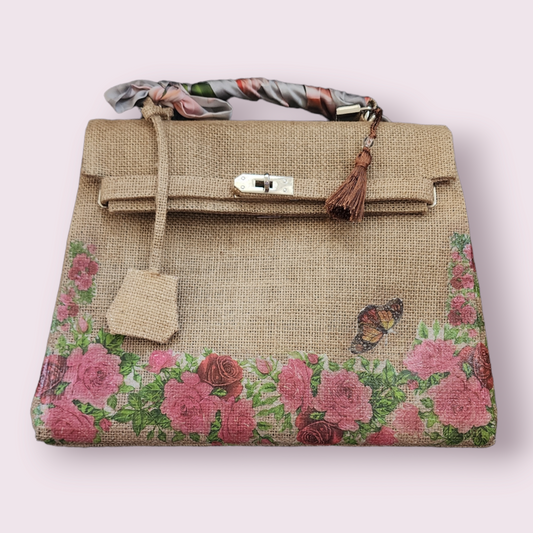 Victorian style 2 - Handmade burlap / jute bag, Medium size (35cm)
