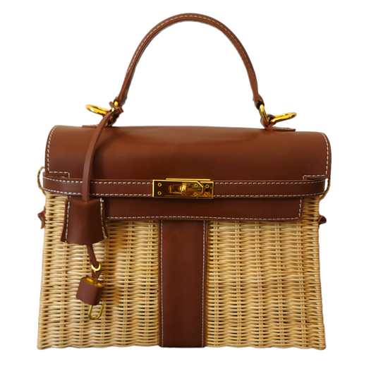 Brown genuine leather (GOLD HARDWARE) - Handmade wicker bag, Medium size (31cm)