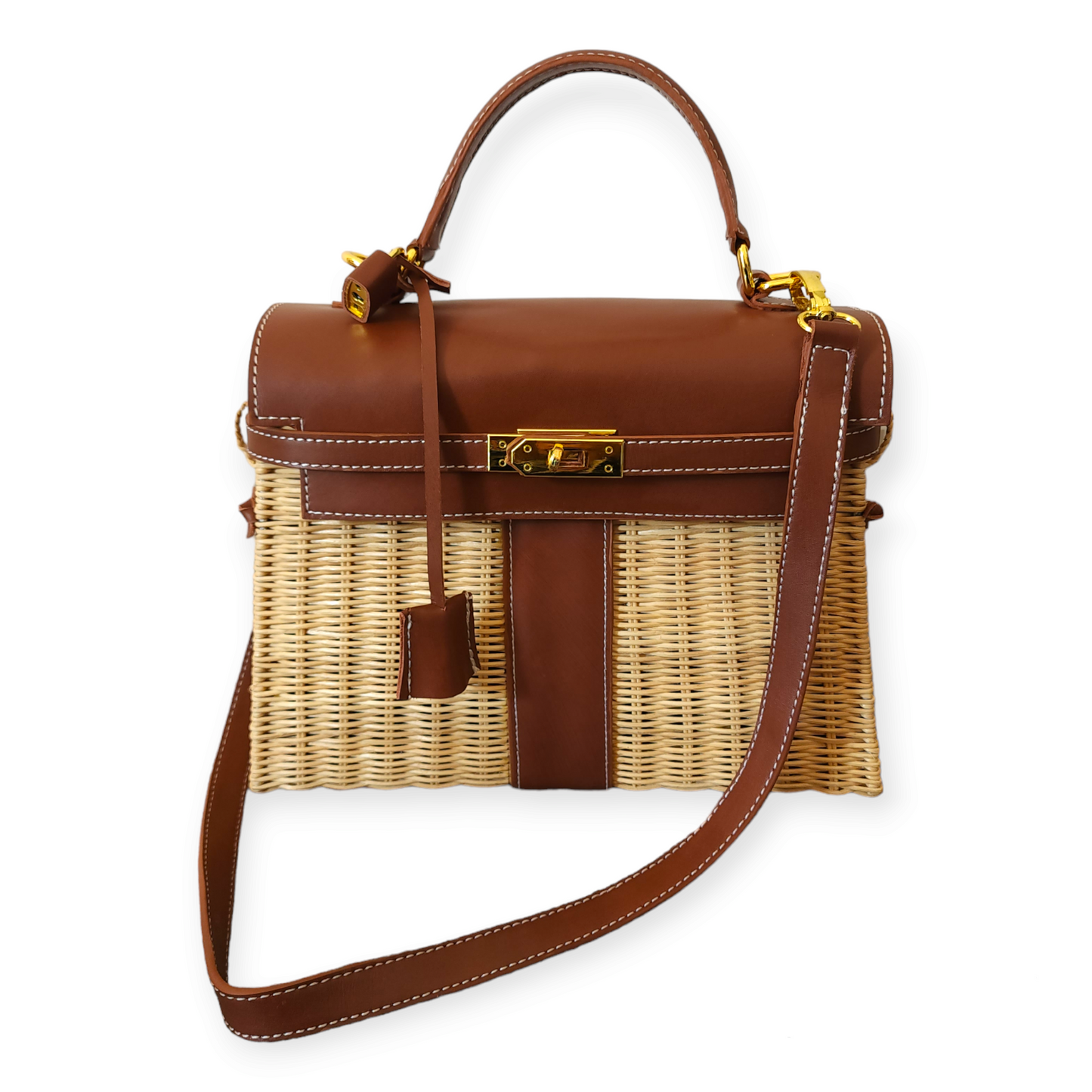 Brown genuine leather (GOLD HARDWARE) - Handmade wicker bag, Medium size (31cm)