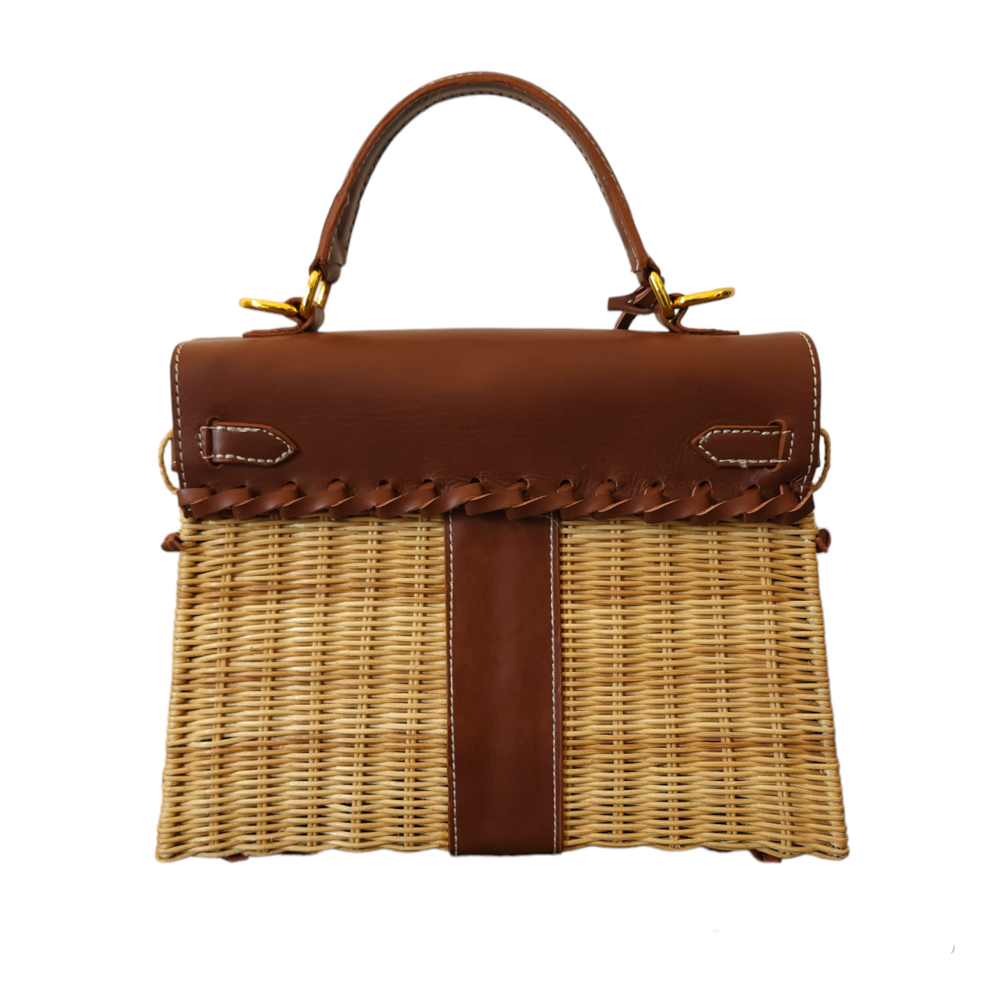 Brown genuine leather (GOLD HARDWARE) - Handmade wicker bag, Medium size (31cm)