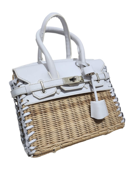 Only 1 left1! White genuine leather - Handmade wicker bag, Small size (25cm)