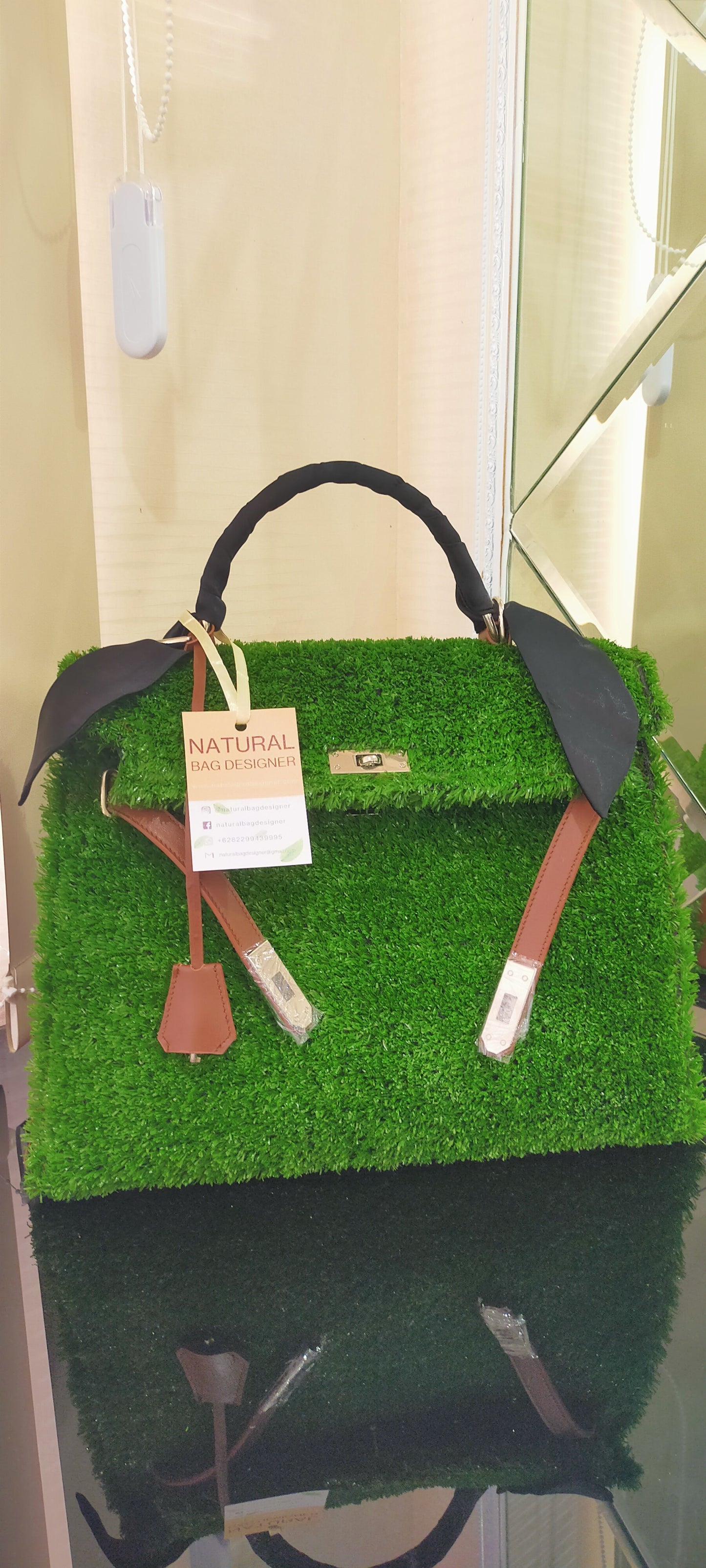 Handmade grassy with Brown genuine leather - Medium size (35cm)