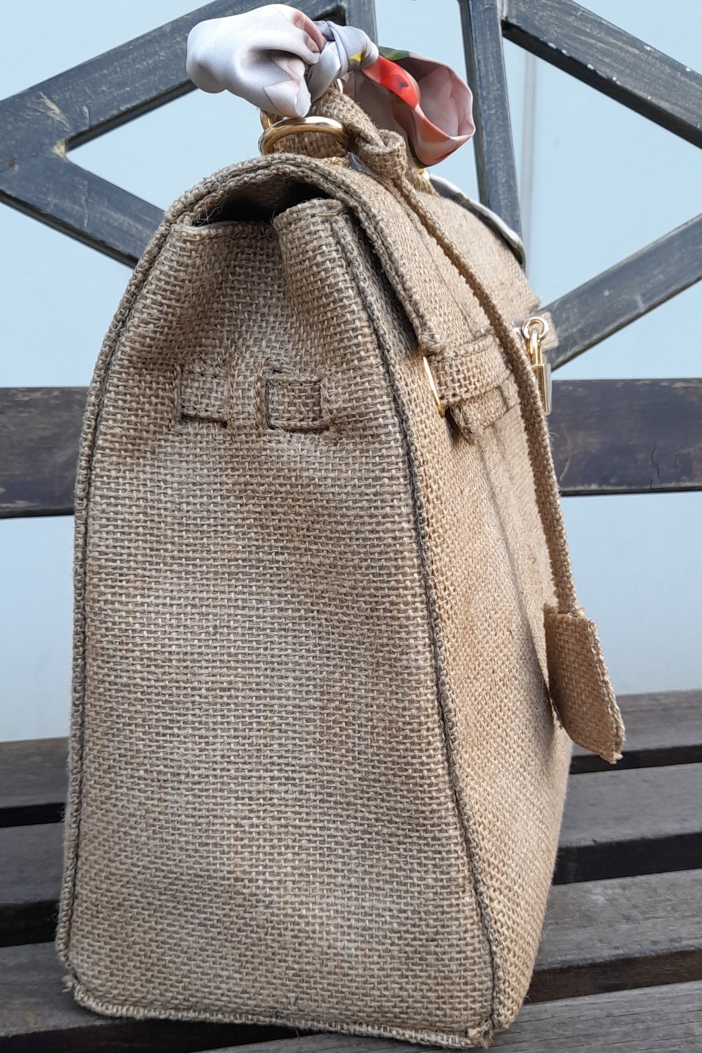 Handmade burlap / jute bag, Medium size (35cm)_style 1 - Gold