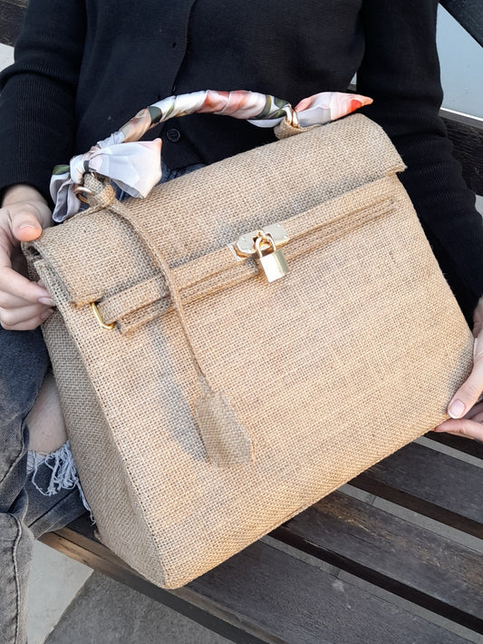 BUY 1 GET 1 ! Handmade burlap / jute bag, Medium size (35cm)_style 1 - Gold