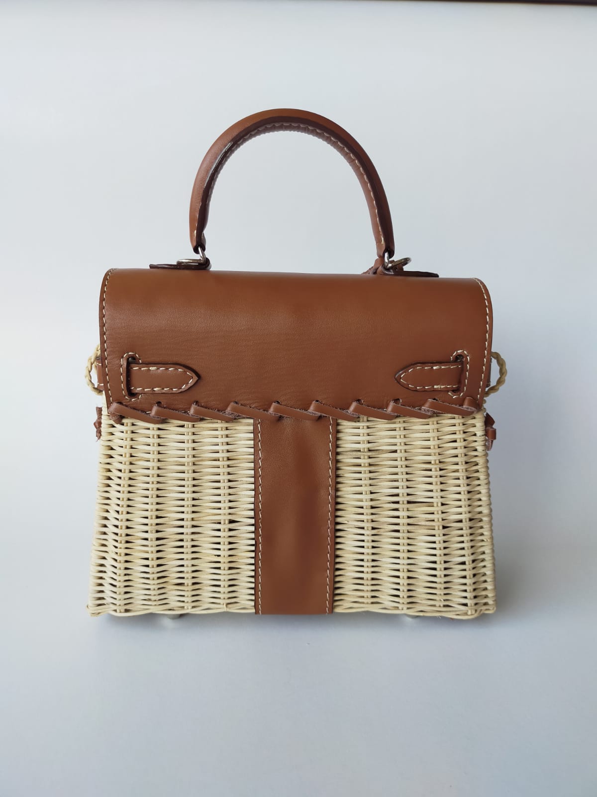 Brown genuine leather - Handmade wicker bag, Small size (25cm)