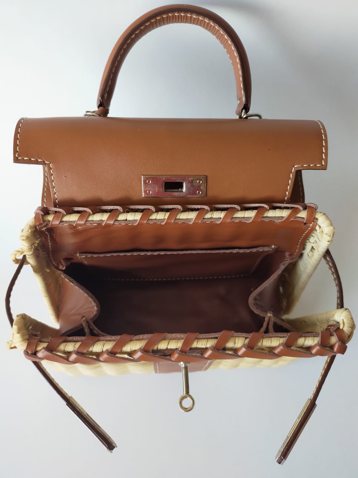 Brown genuine leather - Handmade wicker bag, Small size (25cm)