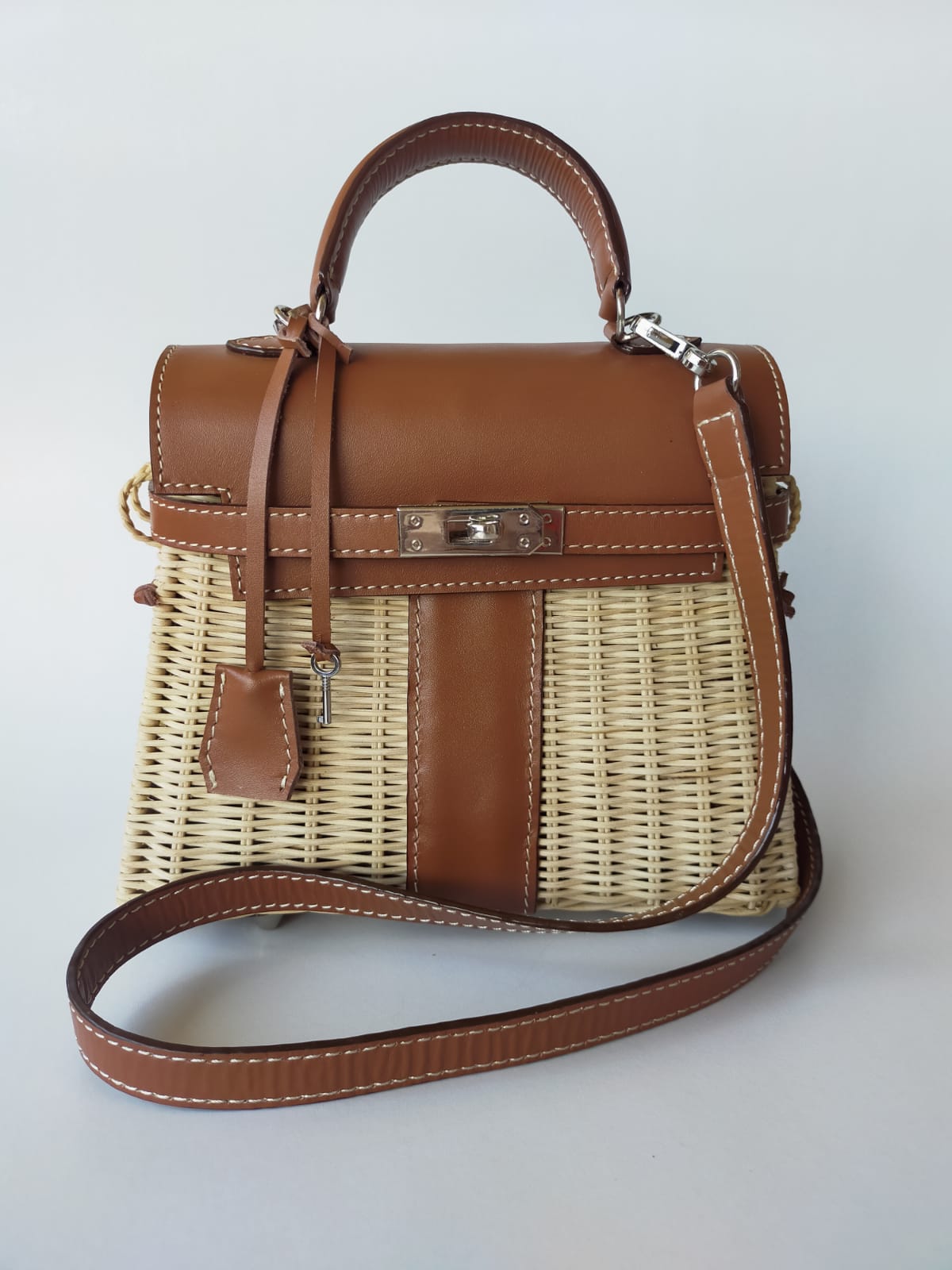 Brown genuine leather - Handmade wicker bag, Small size (25cm)