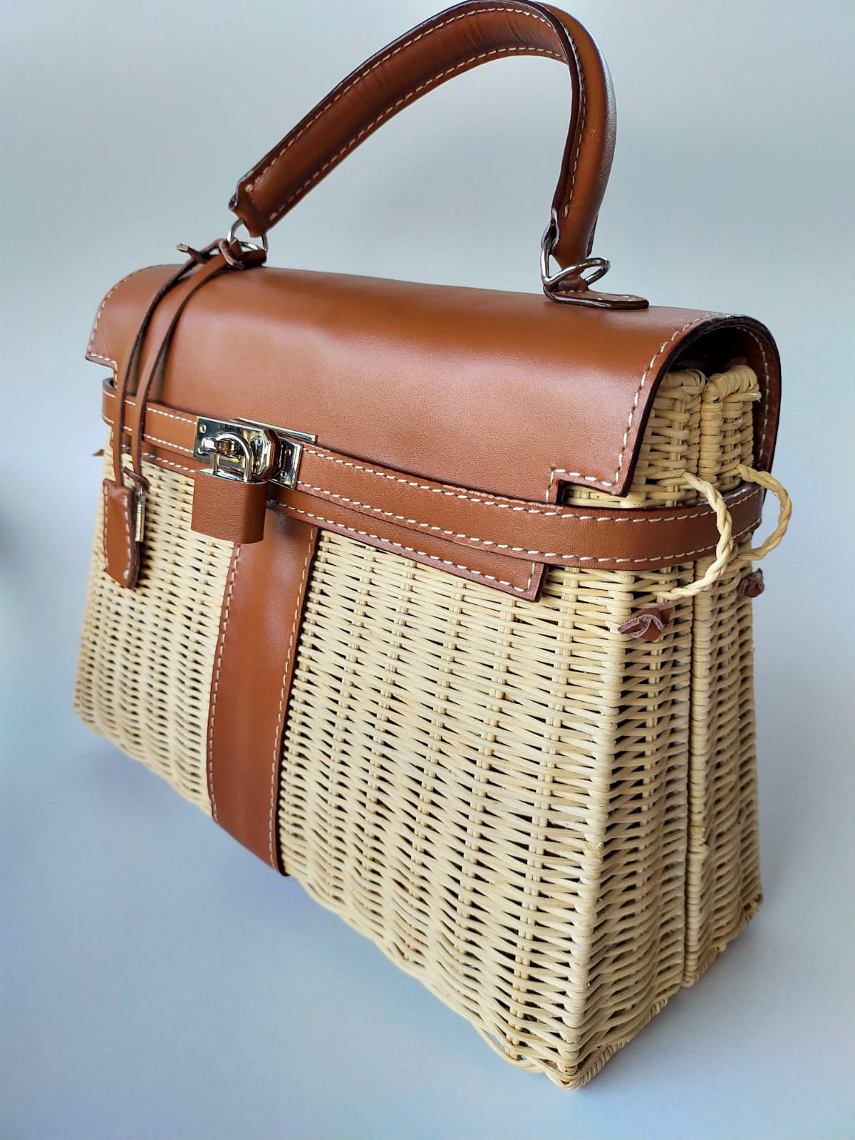 Brown genuine leather - Handmade wicker bag, Medium size (31cm)
