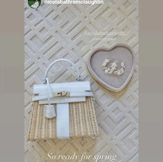 CLEARANCE SALE ! White genuine leather - Handmade wicker bag, Small size (25cm)
